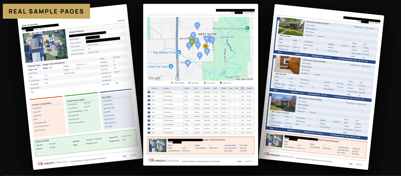 Three sample pages from a Sold Data Packet: subject property summary, comp map with every sale pinned, and sold comps with photos